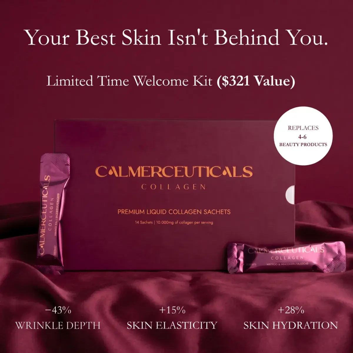 Calmerceuticals Collagen sachets — Wild Berry and Mango & Mandarin flavours surrounded by fresh fruit and juice splashes