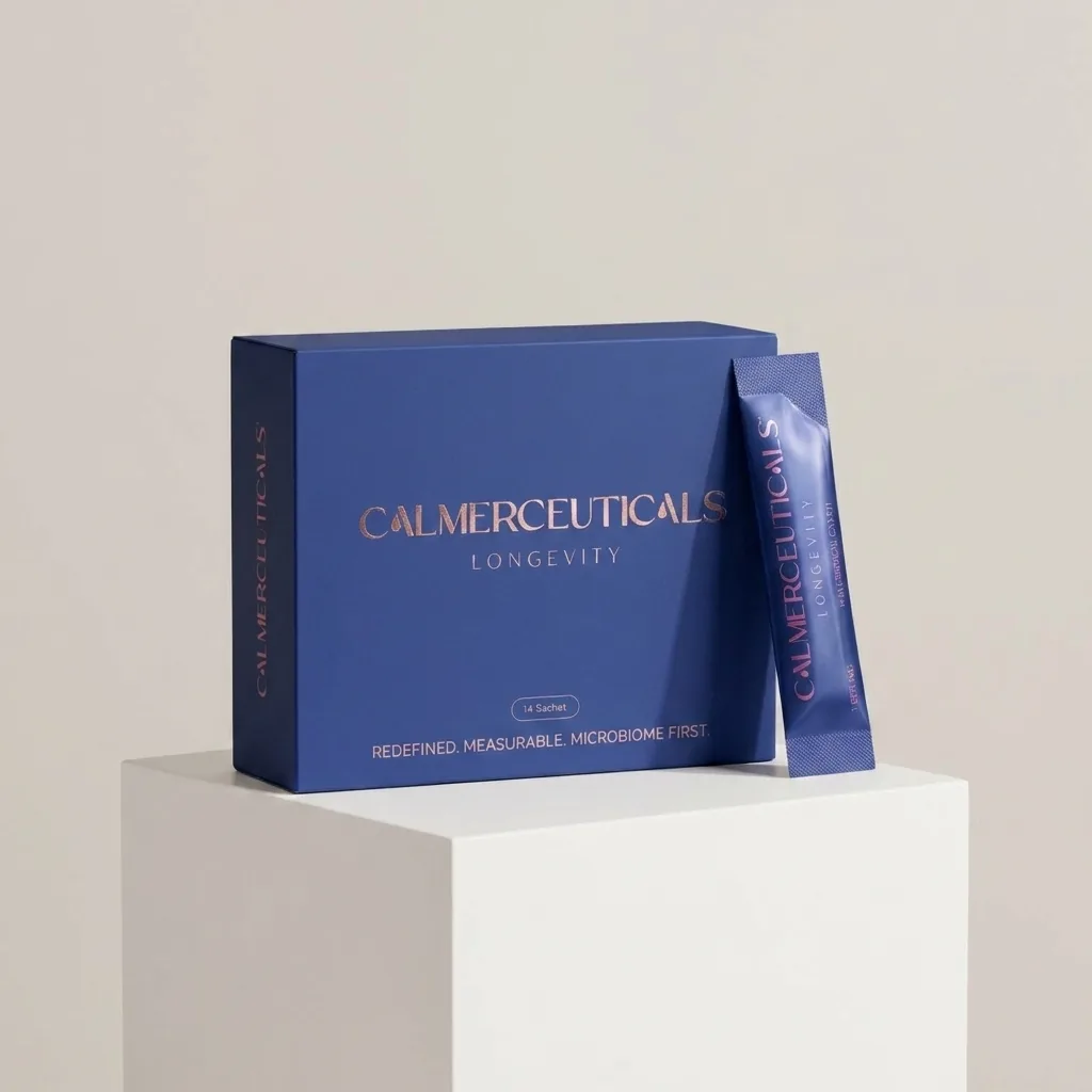 Calmerceuticals Collagen sachets displayed on a minimalist white pedestal