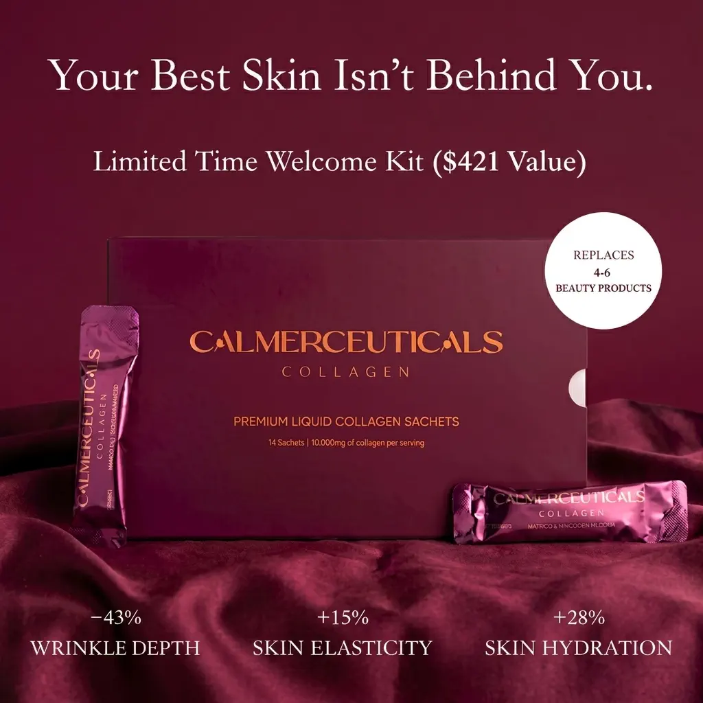 Calmerceuticals Collagen sachets — Wild Berry and Mango & Mandarin flavours surrounded by fresh fruit and juice splashes