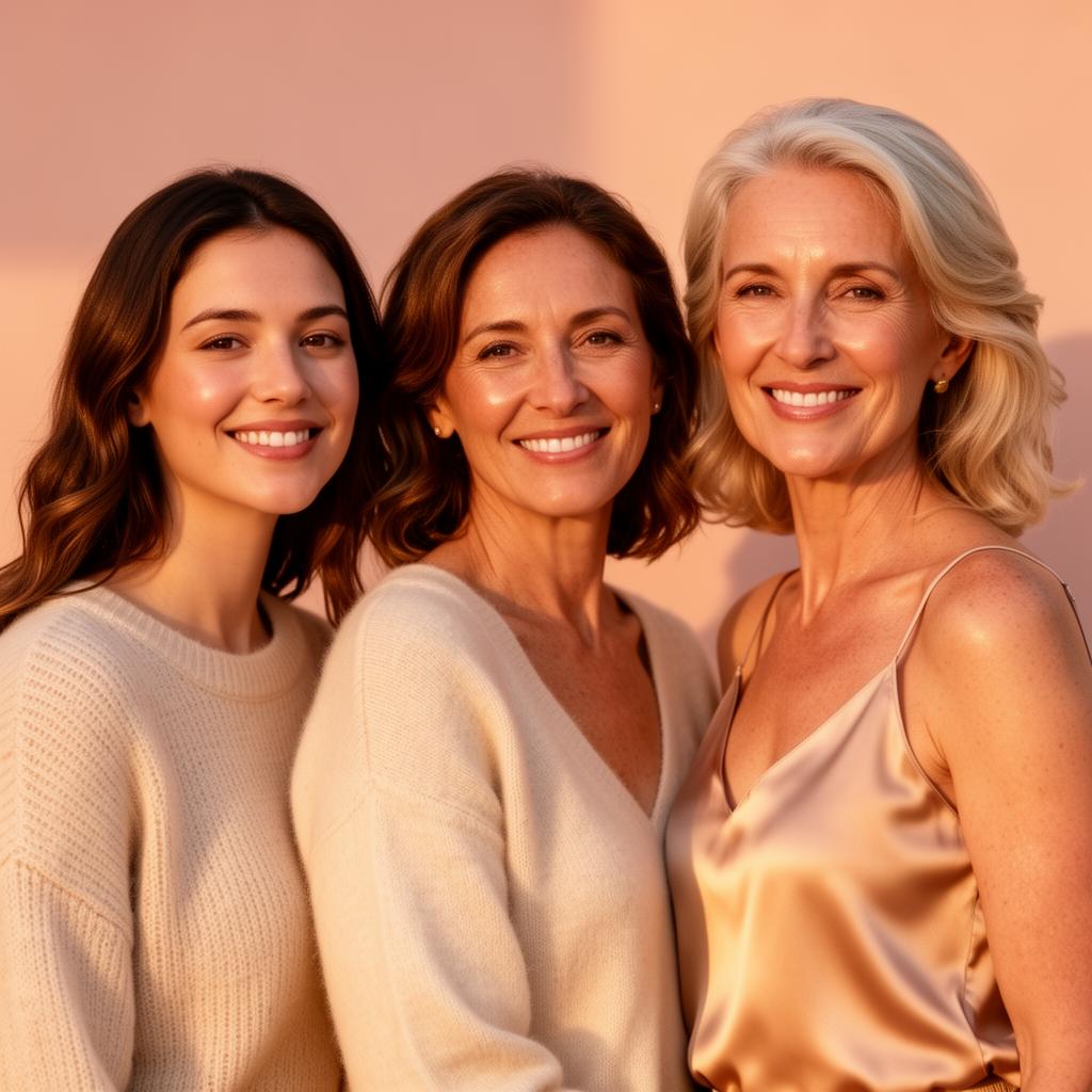 Three real Calmerceuticals customers — women in their 30s, 40s and 50s with healthy skin and hair